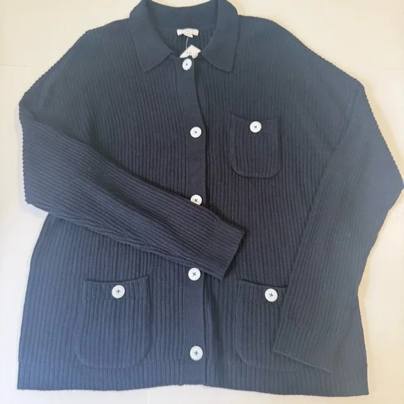 J. Jill Navy Blue Cotton Blend Colared Button Down Cardigan Size L Tall - Picture 1 of 7